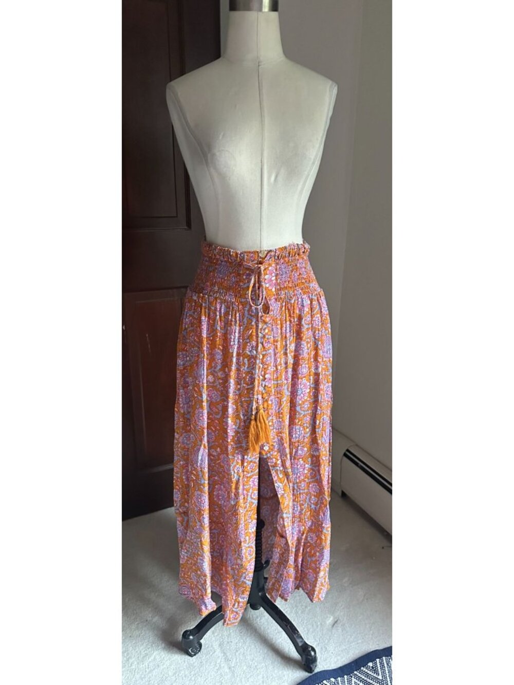 Rachel Roy pink floral maxi skirt elastic waist and drawstring L